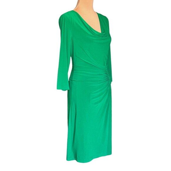 Tahari ASL Career Midi Dress Sz.6 Green Cowl Neck Faux Wrap 3/4 Sleeves Cocktail - Picture 3 of 12